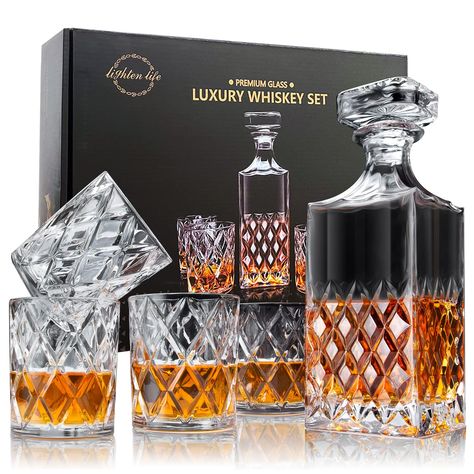 PRICES MAY VARY. 【100% Lead Free Decanter Set】Lighten Life crystal decanter set for alcohol is made of 100% non-leaded ultra-clarity glass and it has passed FDA testing.It is safe for you to enjoy scotch, bourbon, vodka, tequila and any other liquor. Bourbon decanter set with glasses is a must have for whiskey lovers. 【Memorable Whiskey Gift 】Whiskey decanter set comes with a deluxe gift box,fully protected with polyethylene foam.You will never worry about broken issue.It is much better than oth Bourbon Decanter, Glass Decanter Set, Whiskey Set, Whiskey Decanter Set, Whiskey Gifts, Liquor Decanter, Whiskey Decanter, Decanter Set, Crystal Decanter