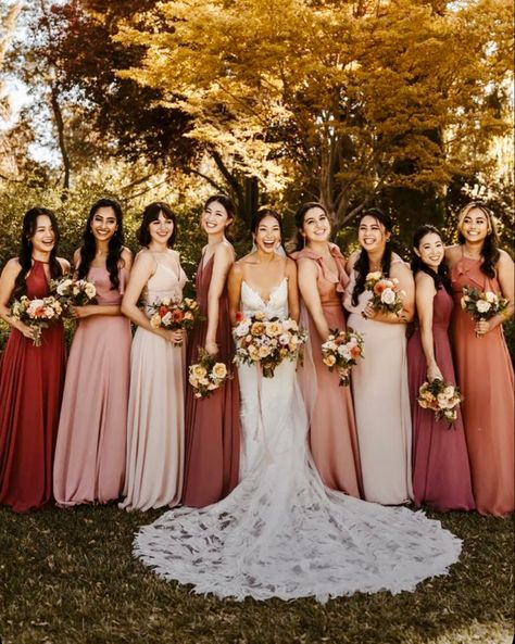 Mauve And Burnt Orange Wedding, Terracotta Pink Wedding, Fall Pink Bridesmaid Dresses, Deep Pink Bridesmaid Dresses, Blush And Rust Wedding, Pink And Blue Bridesmaid Dresses, Dark Pink Bridesmaid Dresses, Autumn Wedding Dress Bridesmaid, Mauve Bridesmaid Dresses