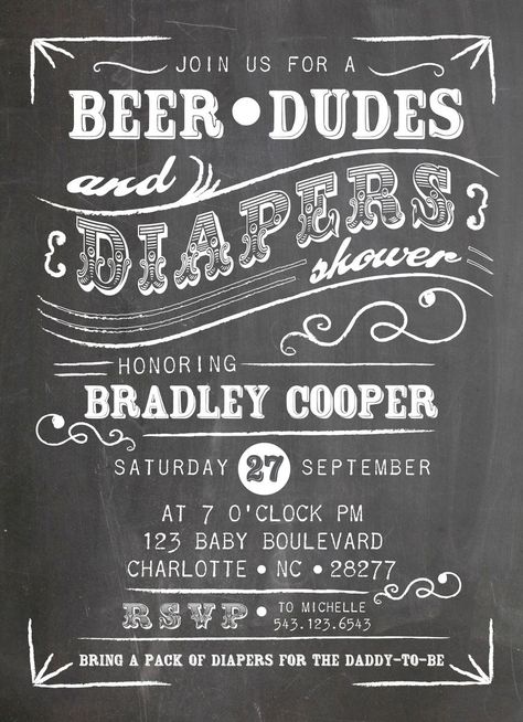 Pub Signage, Diaper Shower Invitations, Baby Shower For Men, Diaper Party Invitations, Diaper Party, Chalkboard Baby, Man Shower, Email Invitation, Food Decor