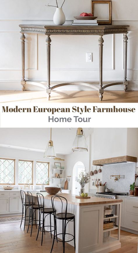 A Modern European style farmhouse style in this recently remodeled home that will inspire you. #modernfarmhouse #chicfarmhouse #frenchfarmhouse #moderneuropeanfarmhouse #farmhousedesign #fixerupper #europeanstyle #hometour #frenchcountryhome #frenchcountrycottage #sff225 Modern European Farmhouse, European Farmhouse Kitchen, Modern Shabby Chic, European Style Homes, European Farmhouse, European Home Decor, Modern European, Bedroom Decorating Ideas, Farmhouse House