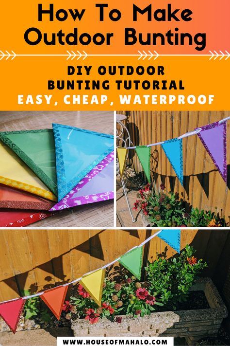 Bunting Ideas Outdoor, Easy Bunting Diy, Outdoor Bunting Diy, Diy Bunting Banner Fabric, Diy Outdoor Garland, Garden Bunting Ideas, Easy Bunting, Diy Flag Banner, Jubilee Crafts