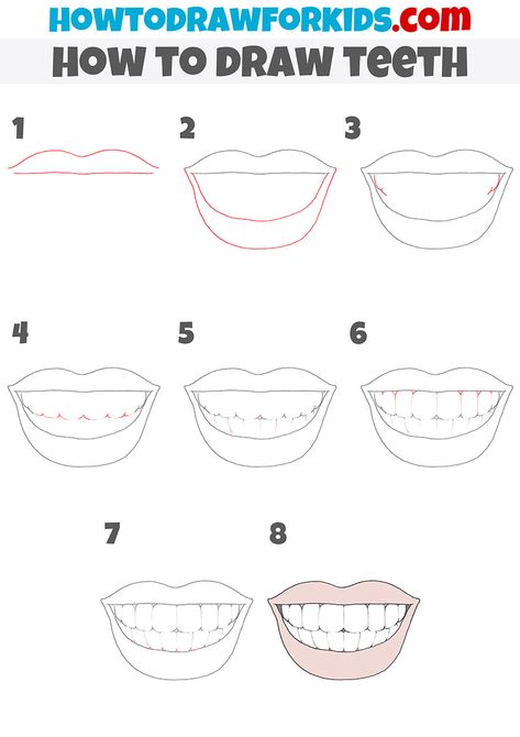 How To Draw A Mouth Step By Step Easy, How To Draw A Mouth With Teeth, How To Draw Teeth Step By Step, How To Draw A Tooth Step By Step, How To Draw A Smile With Teeth, Teeth Drawing For Kids, Teeth Doodle, How To Draw Teeth, Draw Teeth