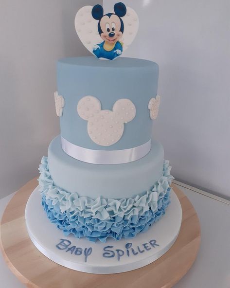 Mickey mouse baby shower cake by Combe Cakes Mickey Mouse Baby Shower Cake, Baby Mickey Cake, Baby Mickey Mouse Cake, Décoration Baby Shower, Mickey Baby Showers, Gender Reveal Baby Shower Themes, Mickey Mouse Baby Shower, Bolo Mickey, Classy Baby Shower