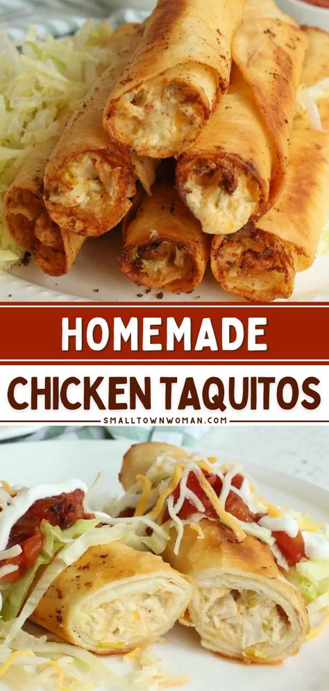 Turn to this simple dinner recipe if you're craving Mexican food! Fried to crispy perfection, these creamy homemade chicken taquitos are so much better than what you can get from a box. Check out the ways you can enjoy this main dish! Fried Taquitos Chicken, Simple Mexican Food Recipes, Chicken Taquitos Recipe Fried, Small Town Woman Recipes, Fried Chicken Taquitos, Easy Chicken Taquitos, Homemade Chicken Taquitos, Creamy Chicken Taquitos, Chicken Taquitos Recipe