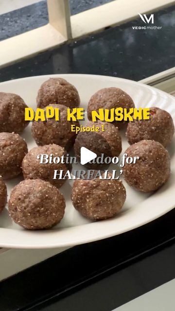 Vedic Mother on Instagram: "Stop your hair fall with this laddoo!
This laddoo is rich in biotin and protein, which helps with hair growth and is great for the skin too!

Welcome to #DadikeNuskhe series Episode 1 👵✨

Ingredients:
1 cup Peanuts
1/4 cup Sunflower seeds
1/4 cup Almonds
1/4 cup Sesame seeds (til)
1/4 cup Flax seeds
1 tsp Ghee
15-20 Khajoor (dates)

Full recipe:
1. Dry roast nuts and seeds seperately in a pan.
2. Roast unpitted khajoor with 1 tsp of ghee for 2-3 minutes.
3. Grind all the nuts & seeds together except khajoor and keep the mixture aside
4. Grind khajoor
5. Now pulse both khajoor and nuts &seeds mixture together.
6. Use hands to make laddoos

Your biotin laddoo is ready to be enjoyed!
Dadi recommends having 1 laddoo every day for the next 21 days to stop hair fall. Healthy Food Indian, Hairfall Solution, Ayurveda India, Ghee Recipe, Roasted Nuts, Flax Seeds, Nuts & Seeds, Nuts And Seeds, Diwali Celebration