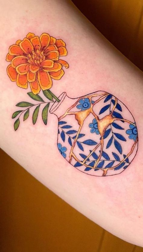 When Life Gives You Lemons Tattoo, Jar With Flowers Tattoo, Marigold Tattoo Traditional, Full Color Tattoo Design, Marigolds Tattoo, Sun Tattoo Color, Talavera Tattoo, Mexican Tattoo For Women, Tattoo With White Ink