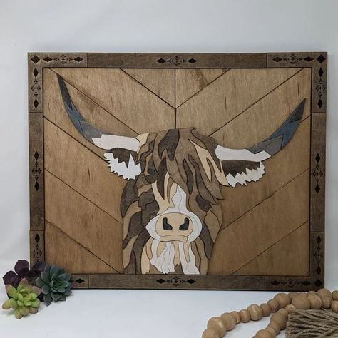 Mosaic Highland Cow, Wood Highland Cow, Painting Highland Cow, Cow Decorations, Craft Shack, Bandsaw Projects, Highland Cow Painting, Cow Svg, Carved Wood Wall Art