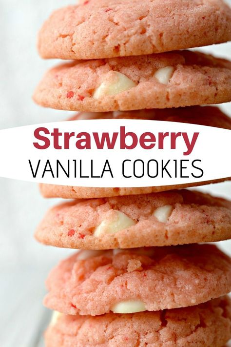 I'm all about strawberry desserts and these easy strawberry vanilla cookies are one of my favorite spring desserts! Strawberry and vanilla go so well together and this strawberry vanilla cookies recipe is proof of that! #strawberrycookiesrecipe #vanillacookiesrecipe #easystrawberrycookies Great American Cookie Recipe, Strawberry Cookies Recipe, American Cookies Recipe, Strawberry Cookie Recipe, Great American Cookie, Vanilla Cookie Recipe, Easter Cake Easy, Banana Cookie Recipe, Cottage Food