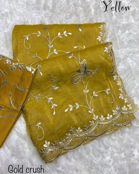 Exclusive arrivals *gold crush gotapatti zaal peocock*🦚 WhatsApp 6377811829 Fabric : - *soft light weight Gold crush* 🌸 Work :- *beautiful c pallu foil gotapatti zaal work in whole saree with peocock butta & cutwork border*🥰🥰 Blouse:- *heavy mono work blous*(unstitched) Color :- *6* 🍒 Cut Work Saree Designs, Draping Styles, Bridal Anklet, Saree Draping Styles, Saree Draping, Saree Designs Party Wear, Good Morning Inspirational Quotes, Morning Inspirational Quotes, Work Sarees