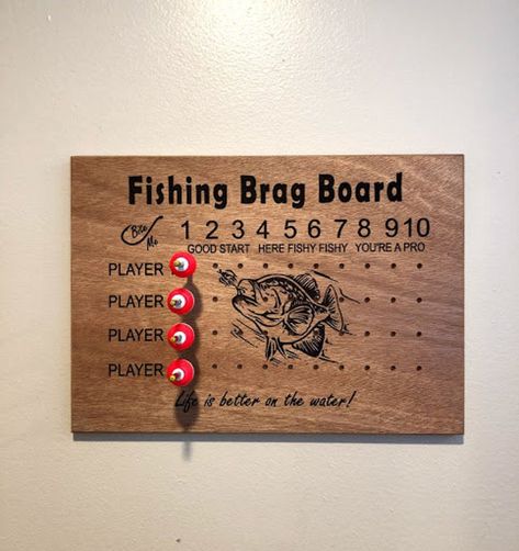 Ice Castle Fish House Ideas, Fishing Wood Projects, Brag Board Ideas, Fishing Brag Board, Fishing Decor Ideas, Fish Sayings, Diy Fishing Decor, Cnc Crafts, Diy Fishing Gifts