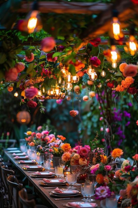 Engagement Dinner Ideas, Boho Wedding Dinner, Forest Garden Party, Backyard Dinner Party Ideas, Garden Wedding Table, Garden Dinner Party, Thai Place, Outdoor Garden Party, Whimsical Garden Wedding