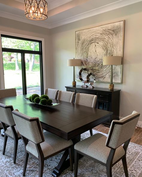 Dining Room With Brown Floors, Big Family Table, 10 Chair Dining Room Table, Dining Table For Dark Cabinets, Dark Grey Dining Table Decor, Formal Dining Room Dark Wood, Dining Room Table Centerpiece Modern, Dining Room Interior Ideas, Carpet For Dining Table