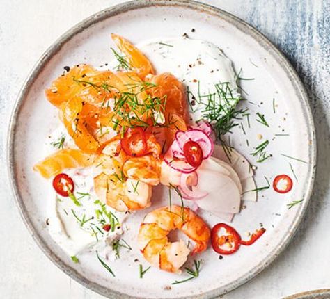 Asian cured salmon with prawns, pickled salad & dill lime crème fraîche Starters Recipes Dinner Party, Pickled Salad, Dinner Party Starters, Cured Salmon, Prawn Dishes, Chicken Honey, Starter Recipes, Lime Vinaigrette, Bbc Good Food