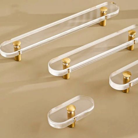 Clear Lucite and Brass Bar Shaped Cabinet Handle/clear Acrylic - Etsy Lucite Drawer Pulls, Acrylic Drawer, Unique Dresser, Gold Cabinet Handles, Acrylic Drawers, Pull Hardware, Kitchen Door Handles, Acrylic Cabinets, Drawer Pulls And Knobs