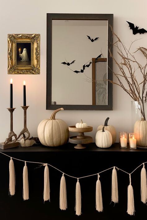 Halloween
Fall
decor
Vintage 
Antique Halloween Decorations Outdoor Minimalist, Halloween Decorations Whimsical, Halloween Decor Floating Shelves, Halloween Table Display Ideas, Ghouls Night Decor, Nancy Meyers Halloween, Simple Halloween Room Decor, Halloween Black And White Decor, Ghost Mantle Decor