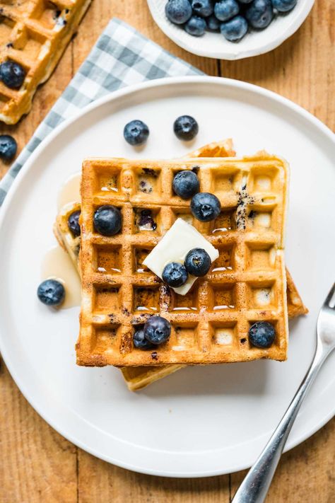 Blueberry Waffles Greek Yogurt Waffles, Blueberry Waffles Recipe, French Bread French Toast, Make Greek Yogurt, Buttermilk Waffles, Blueberry Waffles, Fluffy Waffles, Waffles Recipe, Blueberry Sauce