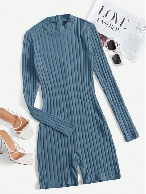 Comfy Jumpsuits, Knit Romper, Bodycon Jumpsuit, Knit Jumpsuit, Jumpsuits And Romper, Plain Tees, Knitted Romper, Cute Rompers, Dusty Blue