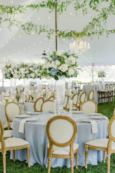 Wedding Venues Light Blue, Pastel Blue Wedding Theme, Pastel Blue Wedding, Outdoor Wedding Tables, Venue Lighting, Bridgerton Wedding, San Clemente Wedding, Cinderella Theme, Blue White Weddings