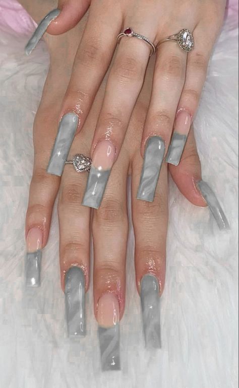 Clear Gray Nails, Grey Baddie Nails, Grey Long Acrylic Nails, Gray French Nails, Grey Acrylic Nails Designs, Grey French Tips, Grey French Tip Nails, Grey Nails Acrylic, Extra Nails