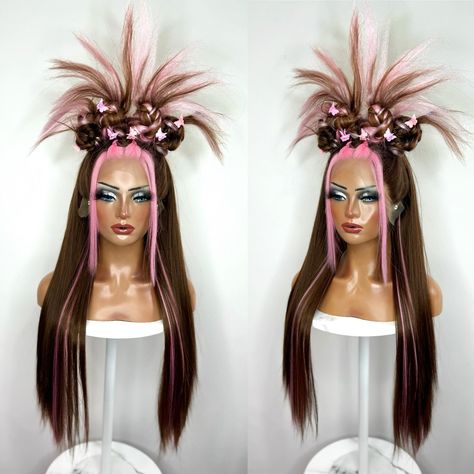 Y2k Space Buns, Y2k Space, Wigs Design, Colorful Wigs, High Fashion Hair, Drag Wigs, Y2k Hair, Space Buns, Wig Store