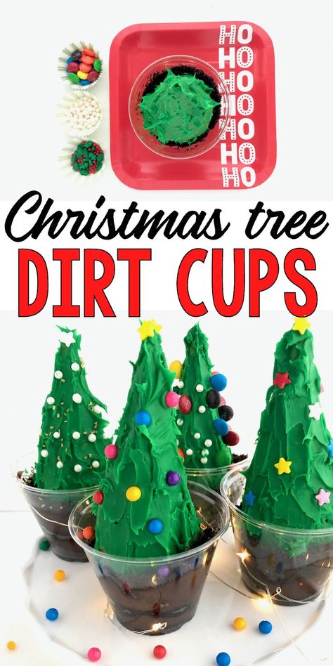 Kids and adults alike will love this simple snack for Christmas: decorating Christmas Tree Dirt Cups! Christmas Kid Food Craft, Christmas Tree Cones Diy Edible, Christmas Classroom Food Ideas, Christmas Pudding Cups For Kids, Christmas Cooking Activities For Kids, Christmas Party Treats For School, Christmas Dirt Cups, Preschool Christmas Party Snacks, Christmas Edible Crafts