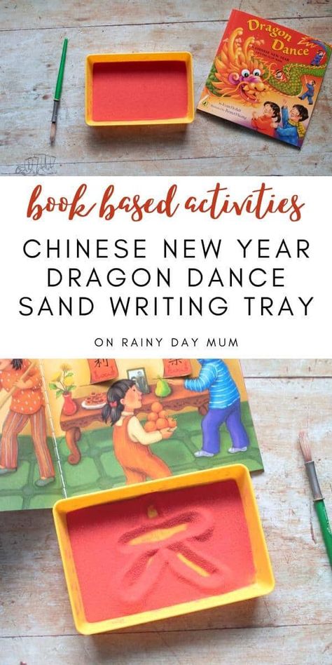 Book Based Activity for Chinese New Year. Inspired by the Chinese writing in the book Dragon Dance a simple Montessori Sand Tray for writing practice with toddlers and preschoolers. #montessori #sandtrays #preschoolactivities #bookbasedactivities #rainydaymum #rainydaytots Chinese New Year Activity, New Year Activity, Sand Writing, Prewriting Skills, Chinese New Year Activities, Dance Books, Sand Tray, Chinese New Year Dragon, New Years Activities