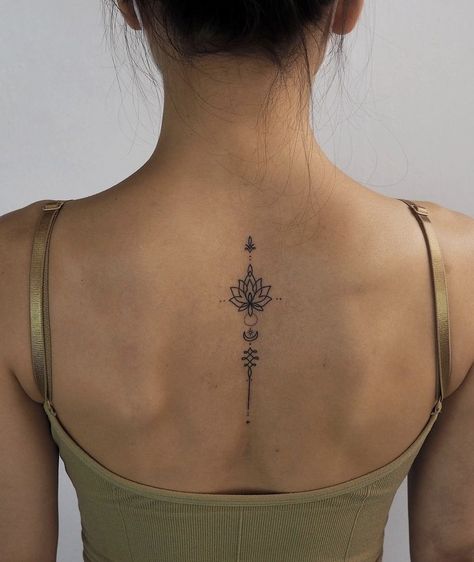 Pubic Bone Tattoos Ideas, Small Back Tattoos, Neck Tattoos Women, Small Pretty Tattoos, Writing Tattoos, Petite Tattoos, Spine Tattoos For Women, Tattoos Geometric, Small Hand Tattoos