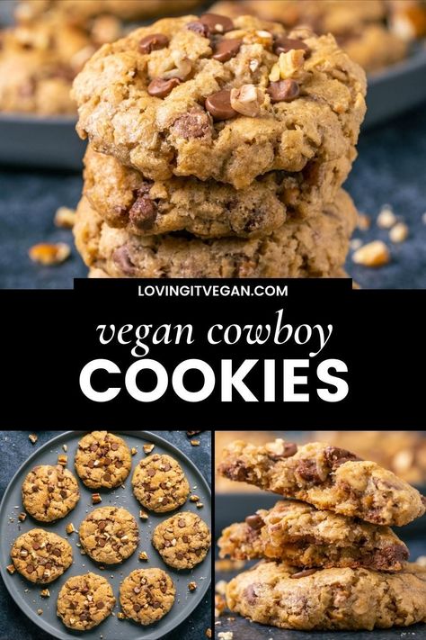 Vegan cowboy cookies are loaded with coconut, pecans, chocolate chips and oats to create a seriously delicious cookie with an amazing texture. Cowboy Cookie Recipe, Vegan Oatmeal Cookies, Oat Cookie Recipe, Vegan Shortbread, Vegan Pecan, Vegan Peanut Butter Cookies, Vegan Holiday Recipes, Vegan Cookie, Vegan Baking Recipes