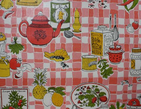 1970's Vintage Wallpaper - Retro Novelty Kitchen Paper - Pink Plaid with Fruit and Dishes - Summer Picnic Wallpaper Pattern Vintage Contact Paper, Vintage Kitchen Wallpaper Patterns, 1950s Kitchen Wallpaper, Vintage Kitchen Wallpaper, 1970 Kitchen, 1970s Kitchen, Wallpaper Kitchen, Decoupage Printables, Kitchen Vintage