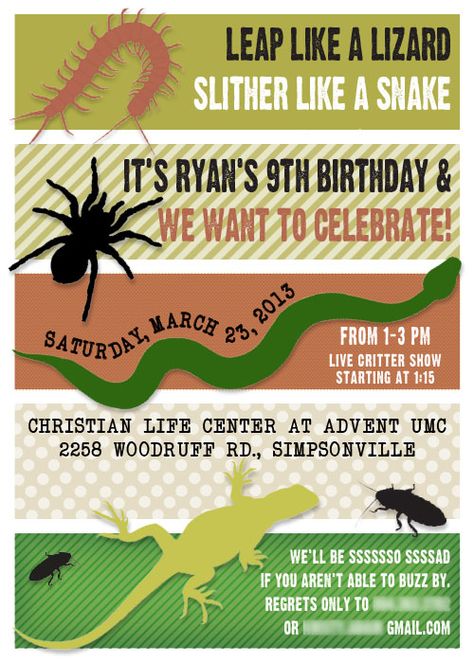 Critter Party Invitation #1 Reptile Party Invitations, Croc Party, Lizard Party, Lizard Cake, Sea Snakes, Diy Reptile, Snake Party, Reptile Party, Bug Party