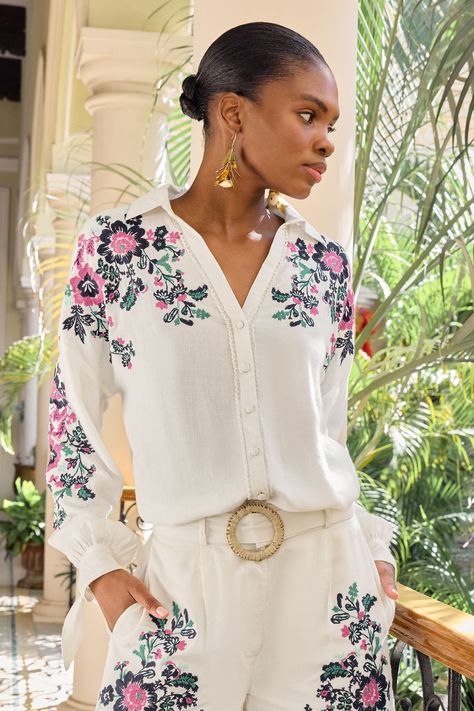 A beautiful embroidered linen button through shirt, designed in collaboration with the V&A. A staple addition to any wardrobe. Featuring;  Button through shirt, Notch neck, Tie cuff, Embroidery on the yoke, Main 73% Viscose, 27% Linen. Embroidery 100% Polyester. Embroidery On Shoulder, Cuff Embroidery, Linen Embroidery, Linen Shirts Women, Love Roses, Roses White, Embroidered Linen, Embroidered Neckline, Embroidery Fashion