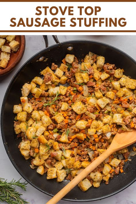 Spruce up box Stove Top stuffing recipes with this stovetop sausage stuffing. Make the best Stove Top stuffing with sausage using simple ingredients in under 30 minutes. It's the best Thanksgiving side dish for your holiday gathering. Stovetop Stuffing With Sausage Recipes, Stuffing With Stove Top And Sausage, Sausage Balls Made With Stove Top Stuffing, Stovetop Stuffing With Sausage, Stove Top Stuffing With Sausage Recipes, Doctored Up Stove Top Stuffing, Stove Top Stuffing With Sausage, Stuffing With Sausage, Stovetop Recipes