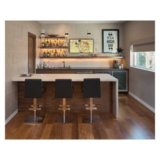 Pandemic Playroom on the Peninsula - Modern - Home Bar - San Francisco - by Sabrina Alfin Interiors | Houzz Wet Bar With Floating Shelves, Bar With Floating Shelves, Wet Bar Ideas, Black Faucets, Mancave Bar, Waterfall Countertop, Dimensional Tile, Matte Black Faucet, Modern Home Bar