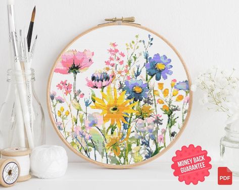 Wildflowers Cross Stitch Pattern PDF - Instant Download Nature Watercolor Hand Embroidery Flowers Cheerful Daisies, Nature Watercolor, Completed Cross Stitch, Hand Embroidery Flowers, Dmc Thread, Cross Stitch Flowers, White Patterns, Embroidery Flowers, Craft Gifts