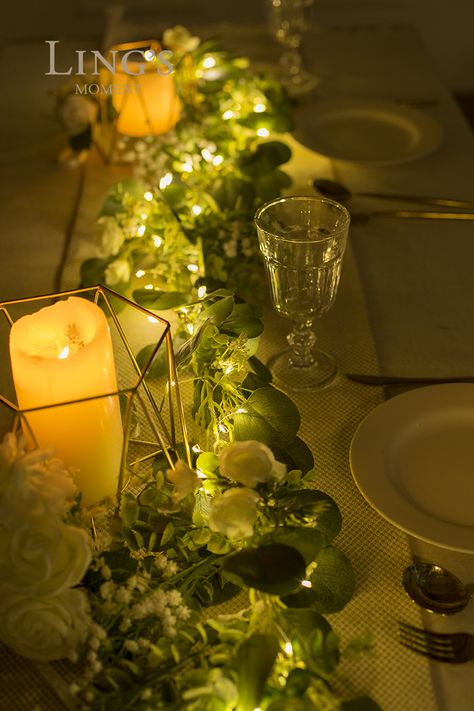 Fairylights Decor Wedding, Moss Fairy Lights Centerpiece, Greenery And Candle Table Runner, Terrarium Centerpiece Wedding Fairy Lights, Ivy Runner Wedding Table, Greenery Table Runner With Fairy Lights, Pretty Wedding Centerpieces, Flower Runner, Beautiful Wedding Centerpiece