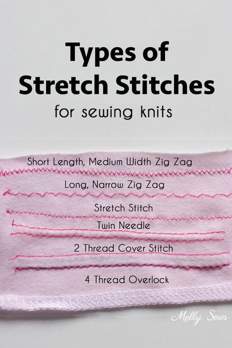 Types of Stretch Stitches - Sewing Knits - Melly Sews Types Of Stitches Sewing, Sewing Kit Essentials, Easy Beginner Sewing Projects, Stitches Sewing, Sewing Knits, Melly Sews, Sewing Patterns Free Women, Pop Stitch, Sewing Machine Basics