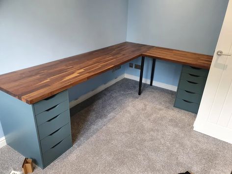 Built my L shape karlby desk! Ready to add in computers now : ikeaPCstations L Shaped Desk Diy, Karlby Desk, Ikea L Shaped Desk, Ikea Gaming Desk, Ikea Corner Desk, Desk Ikea, Diy Corner Desk, Home Office Built Ins, L Shaped Office Desk