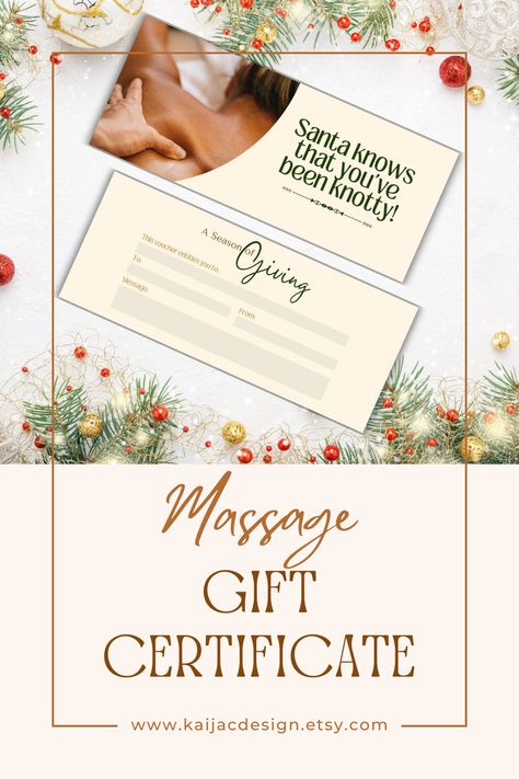 Designed by a massage therapist with both therapists and clients in mind, this template empowers you to effortlessly create personalized gift certificates. A Christmas gift certificate for a massage can be the perfect present for someone who deserves a little relaxation and pampering during the holiday season. Massage Gift Certificate, Massage Therapist Gifts, Christmas Gift Certificate, Spa Specials, Printable Gift Cards, Gift Certificate Template, Certificate Design, A Massage, Gift Certificate