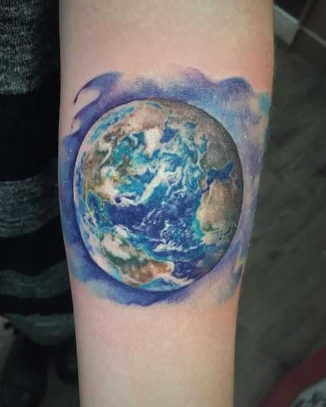 35 Amazing Earth Tattoos with Meanings – Body Art Guru Earth Tattoo Color, Tattoo Earth, Recycle Tattoo, Earth Tattoos, Mother Earth Tattoo, Tattoo Planet, Planet Tattoo, Wildlife Tattoo, Globe Tattoos