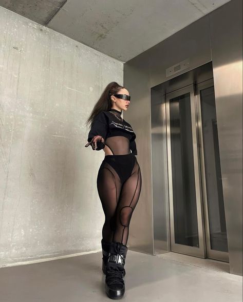 European Rave Fashion, Motor Cycle Outfit, Rave Outfit Inspo Black, Block Party Outfit Street Styles, Full Body Fishnet Outfit, Stand User Outfit, Indoor Rave Outfit, Escape Halloween Rave Outfit, Grunge Festival Outfit