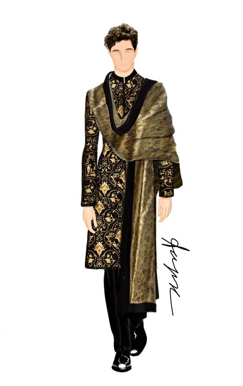 Men's Indian wear by Aayushi Singh. Indian Wear Inspiration, Mens Outfits Illustration, Mens Wear Illustration Sketch, Indian Wear Sketches, Male Dress Illustration, Men Outfit Design Drawing, Mens Fashion Art Illustration, Mens Sketches Illustration, Indian Clothing Drawing