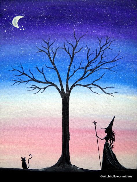 OOAK folk art Painting at twilight original by WitchHollowPrims, $25.00 Easy Witch Painting, Witch And Familiar, Easy Watercolor Paintings For Beginners, Easy Watercolor Paintings, Primitive Witch, Paintings For Beginners, Coloring Painting, Witch Painting, Water Coloring