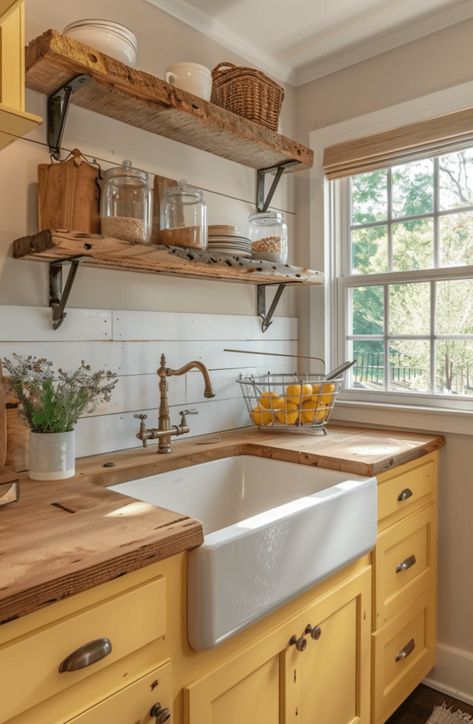 Yellow kitchens radiate warmth and cheer, instantly brightening your home with a sunny vibe. Perfect for Shelf Above Kitchen Sink, Horizontal Beadboard, Yellow Kitchen Ideas, Farmhouse Sink With Drainboard, Yellow Kitchens, Window Over Sink, Small Playroom, Beadboard Backsplash, Carpentry Projects