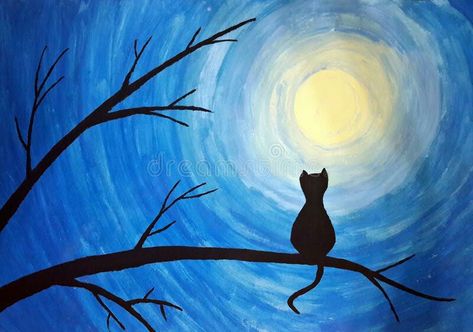 Cat Silhouette Painting, Monochromatic Painting, Cute Easy Paintings, Acrylic Tutorials, Nature Art Drawings, Silhouette Painting, Architecture Concept Drawings, Cat Silhouette, Paint And Sip