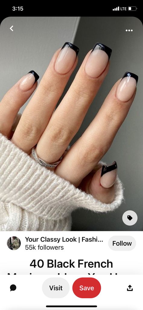 Nice Elegant Nails, Black And Gray Nails Short, Black And White Nails French Tips Square, Black Tip Dip Powder Nails, Beige And Black French Nails, Short Square Acrylic Nails Black Tips, Squoval Black French Tip Nails, Clear Nails Black Tips, Grey Nails With Black Tips