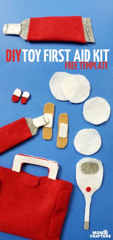 DIY toy first aid kit - make your own no-sew first aid set to use with doll play! Perfect for July 4th and independence day and teaching your child about summer time injuries! #july4th #summer #diytoy #momcraft First Aid Activities For Kids, Diy First Aid Kit For Kids, Sewing Kits Diy, Diy First Aid Kit, First Aid For Kids, Sewing Patterns Free Women, Aid Kit, Homemade Toys, Moms Crafts