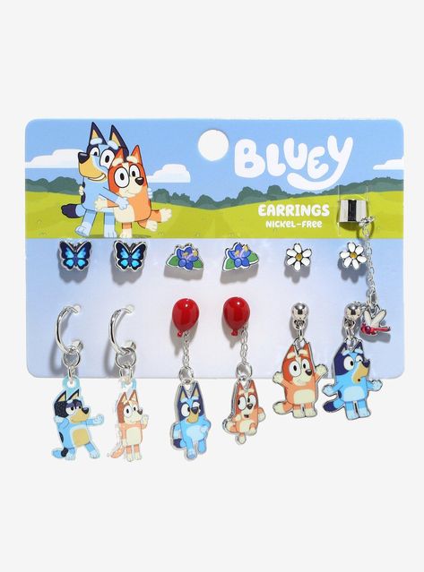 Add some cartoon style to your accessory collection with this Bluey earring set! Featuring sets of butterfly  flower  and daisy studs  this set also includes studs with dangling charms of Bluey and Bingo  balloon studs with hanging charms of the sisters  huggie hoops with charms of Bandit and Chili  and a dragonfly stud connected to an ear cuff. With different designs  this set is perfect for matching any look.A BoxLunch Exclusive!Set of 7MetalImported Baby Bingo Bluey, Bluey Pjs, Xmas Gifts For Friends, Gift Set Ideas, Bluey Stuff, Bingo Bluey, Hoops With Charms, Bingo Funny, Daisy Studs