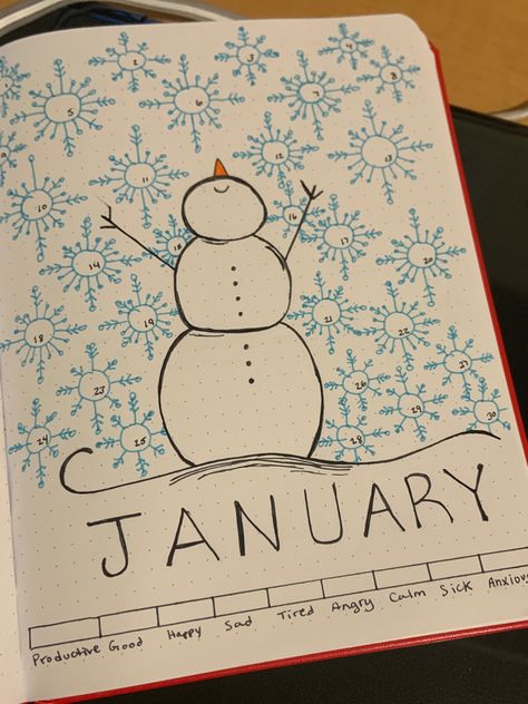 A snowy day and a snow person in January to help you track your mood every day. Choose your own mood/emotions and pick a colour for each one. Colour it in with the mood from the day or more then one emotion you felt during the day. Monthly Mood Tracker January, Snowman Drawing Aesthetic, Bujo January Mood Tracker, Snowflake Mood Tracker, Winter Mood Tracker, Mood Tracker For January, Christmas Mood Tracker, December Tracker, January Journal Ideas