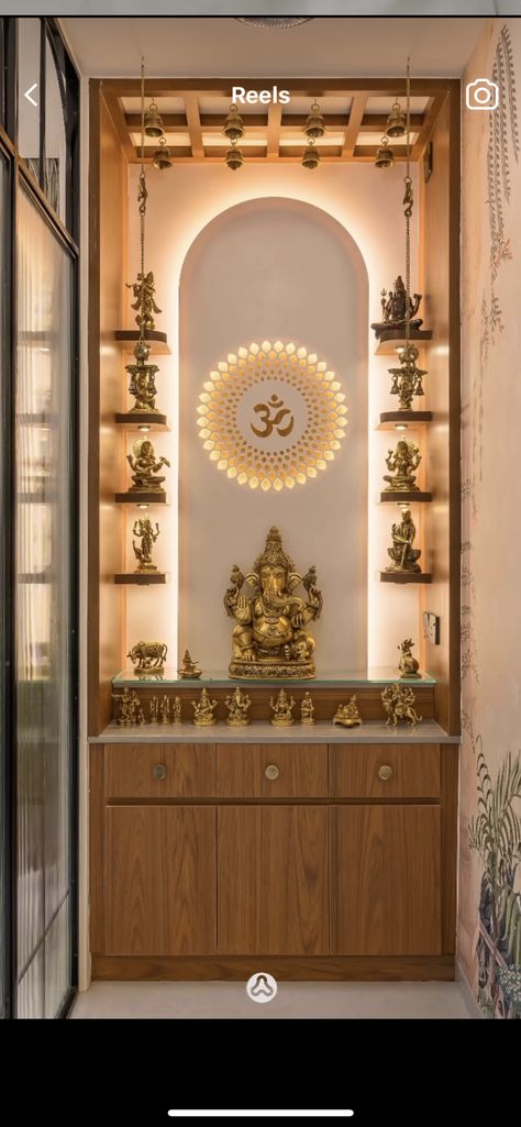 Pooja Mandir In Kitchen Ideas, Interior Design For Pooja Room, Temple In Living Room Corner, Pooja Room Unit Design, Mandir Shelf Design, Pooja Rooms Design, Pooja Room In Living Room Design, Pooja In Living Room, Ikea Mandir Hack