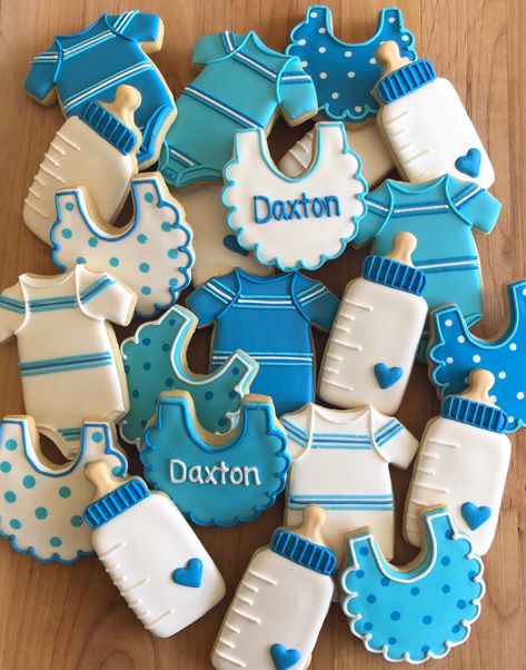 Baby Boy Sugar Cookies Royal Icing, Baby Sugar Cookies Decorated, Baby Bib Cookies Decorated, Cookies For Baby Shower Boy, Baby Bottle Cookies Decorated, Baby Boy Shower Cookies Decorated, Galletas Baby Shower Boy, Bottle Cookies Decorated, Baby Shower Sugar Cookies Boy